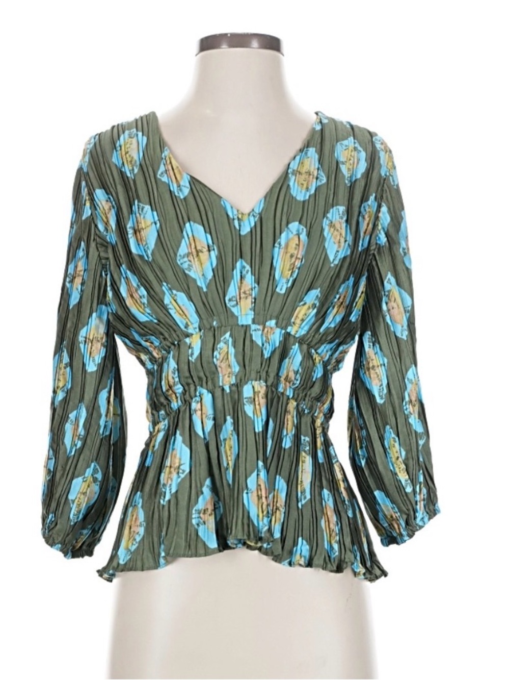 Tuckernuck Olive Green Floral V-Neck Peplum Blouse with Blue Medallions